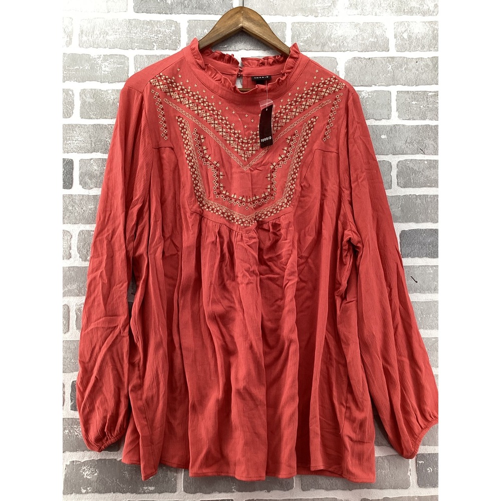 Torrid Women 2 Coral Terracotta Embroidered Ruffle Neck Long Sleeve Blouse NWT - Picture 3 of 7